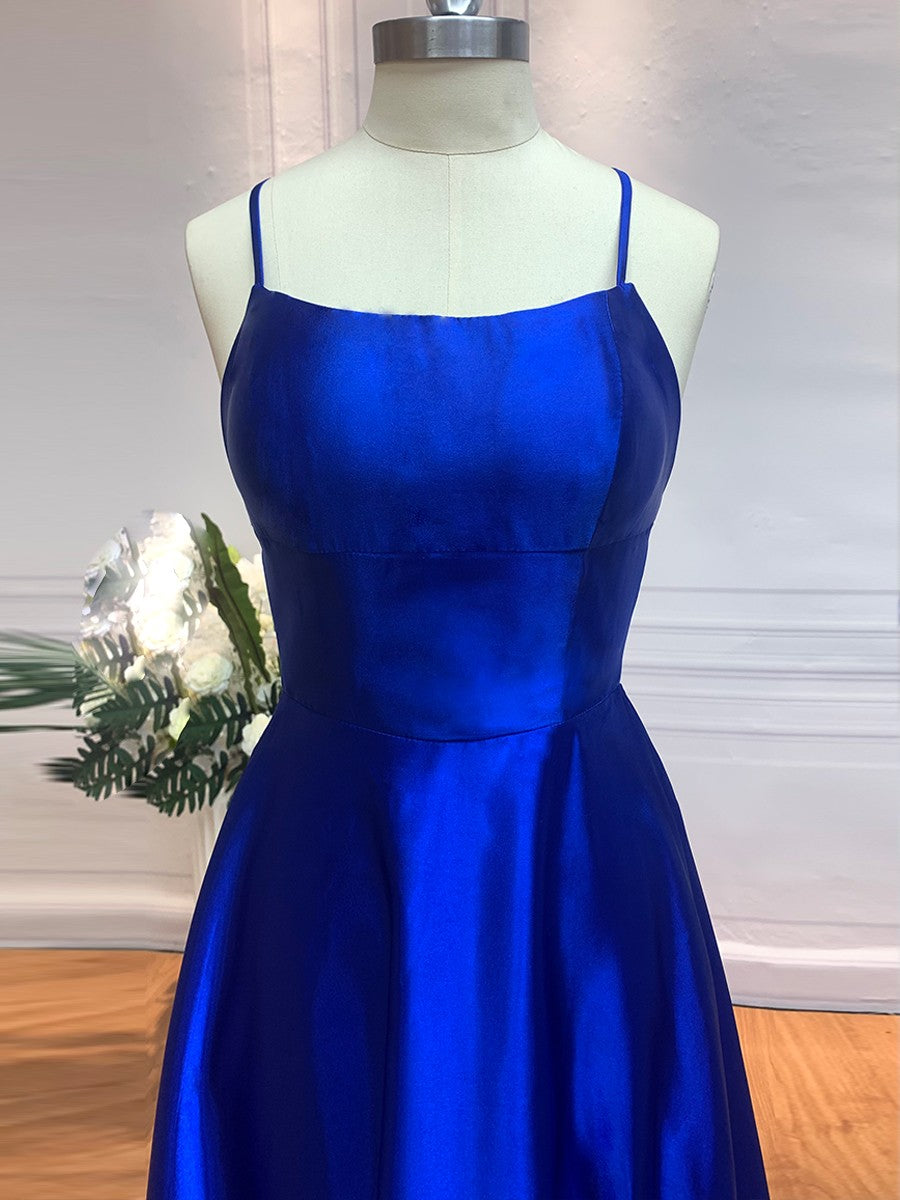 A-Line/Princess Silk like Satin Ruffles Spaghetti Straps Sleeveless Sweep/Brush Train Dresses Prom Evening Dress