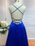 A-Line/Princess Silk like Satin Ruffles Spaghetti Straps Sleeveless Sweep/Brush Train Dresses Prom Evening Dress