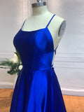 A-Line/Princess Silk like Satin Ruffles Spaghetti Straps Sleeveless Sweep/Brush Train Dresses Prom Evening Dress