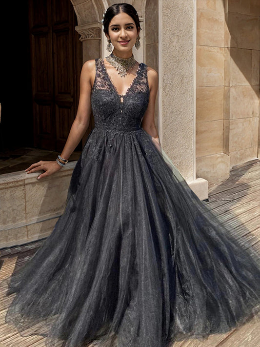 A-Line/Princess Tulle Applique V-neck Sleeveless Sweep/Brush Train Dresses Prom Evening Dress