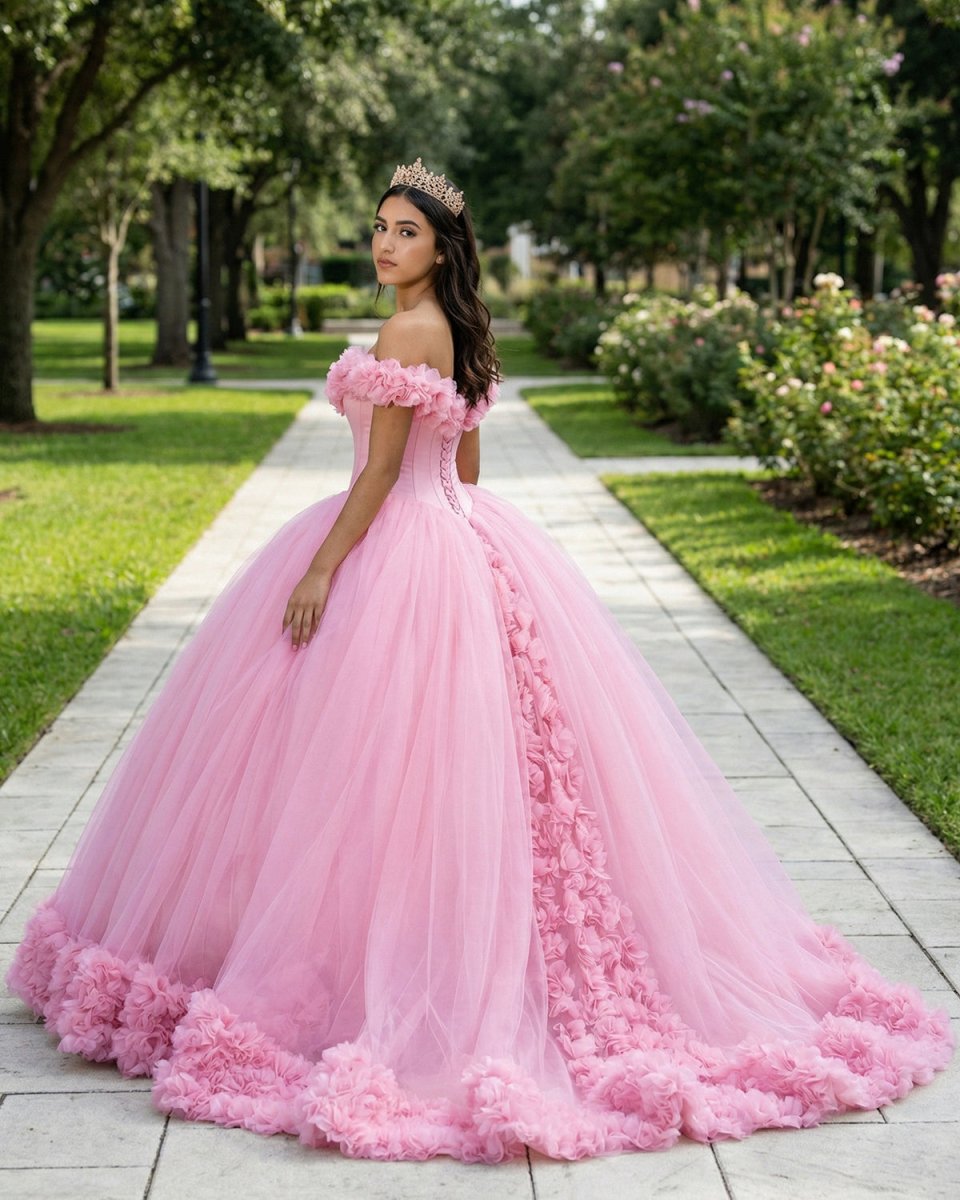 Off The Shoulder Flowers Tulle Ball Gown Pink Quinceanera Dresses