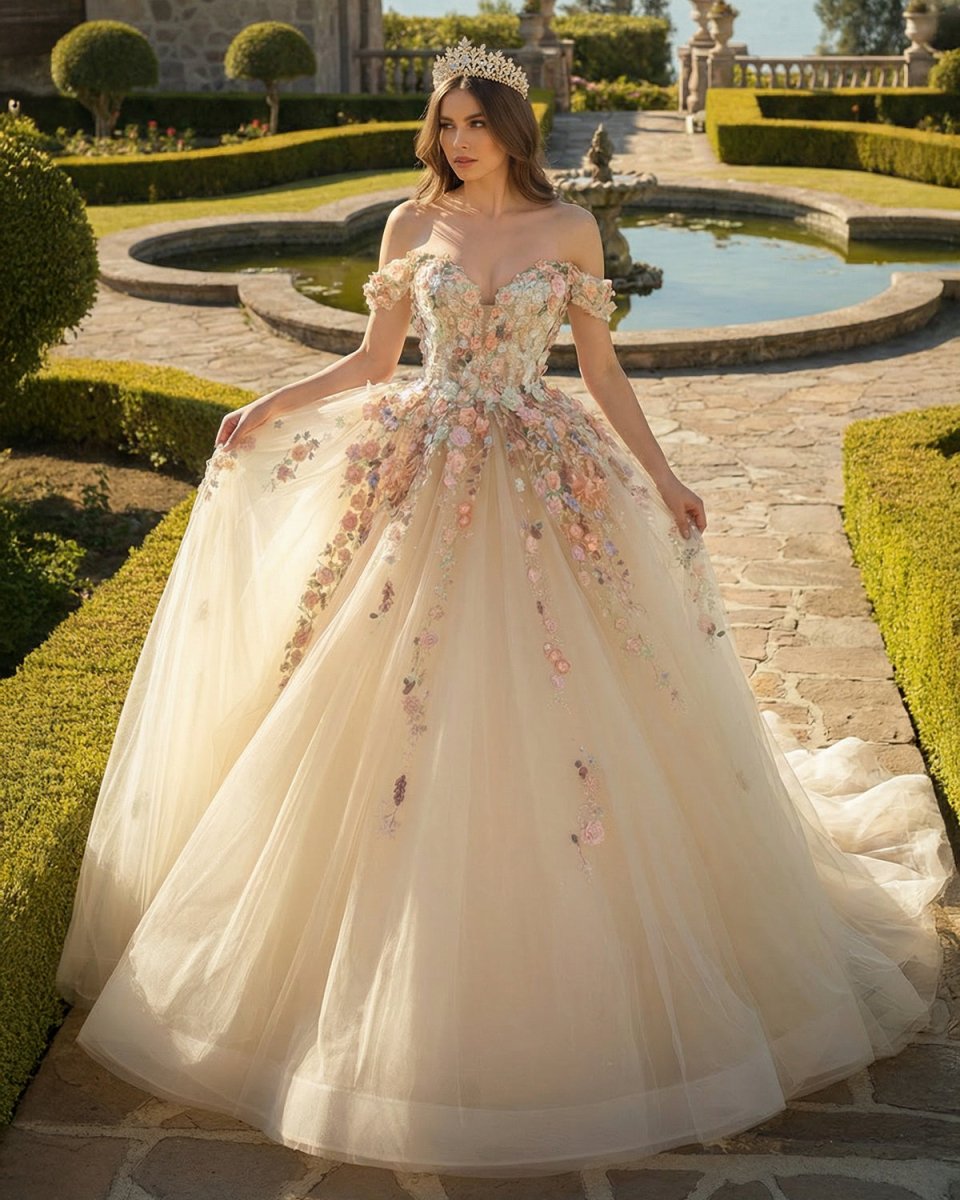 Off Shoulder Long Champagne Lace Champagne Quinceanera Dresses