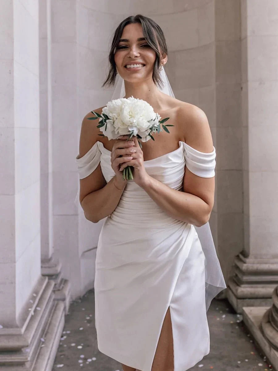 Off-the-Shoulder Short Satin Cowl Neck Simple Formal Wedding Dress With Slit