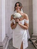 Off-the-Shoulder Short Satin Cowl Neck Simple Formal Wedding Dress With Slit
