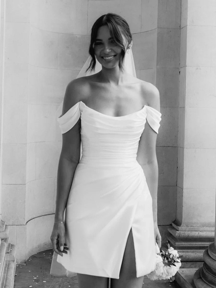 Off-the-Shoulder Short Satin Cowl Neck Simple Formal Wedding Dress With Slit