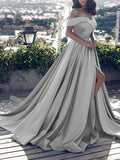 Off Shoulder Prom Dress Long Satin Formal Gowns with Slit