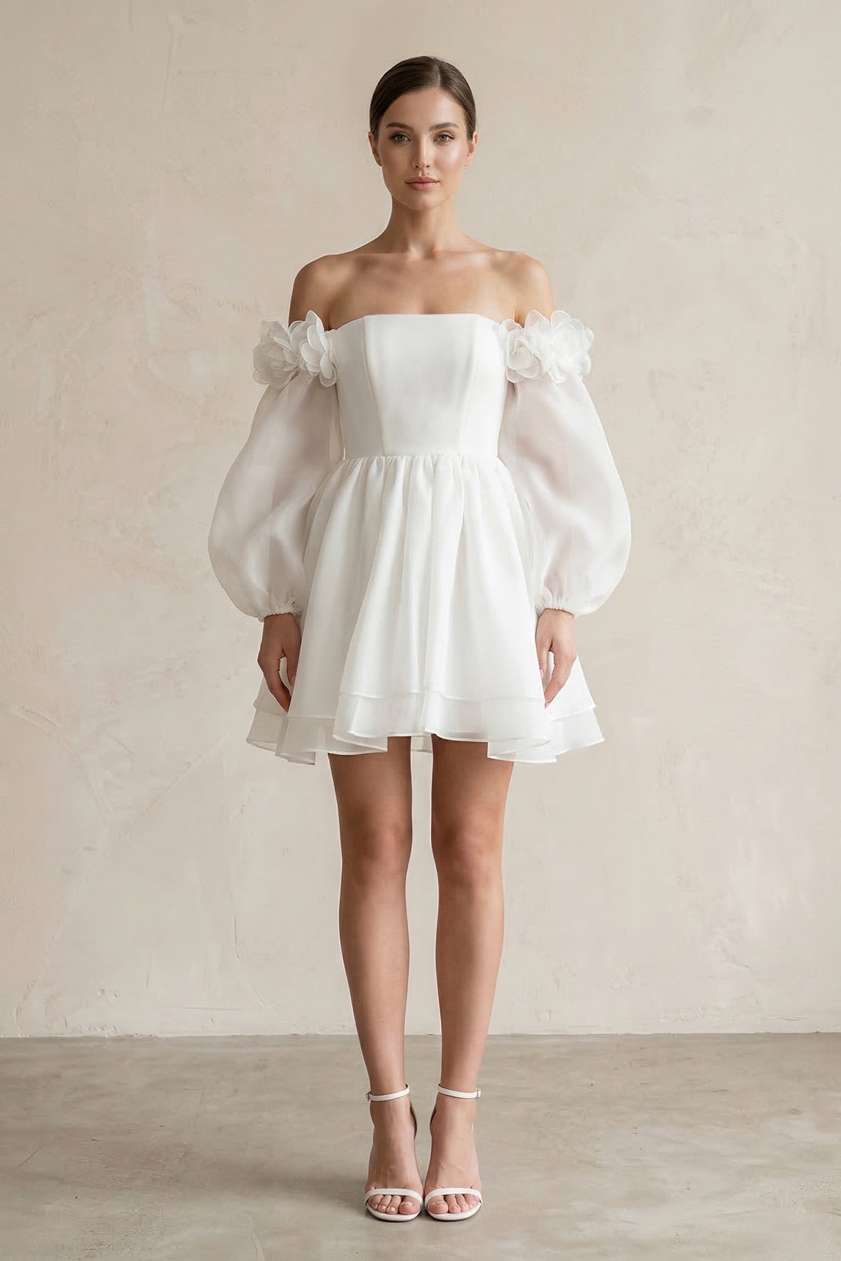 Off-the-Shoulder 3D-Flower Chiffon Long Sleeve Wedding Dress in Ivory