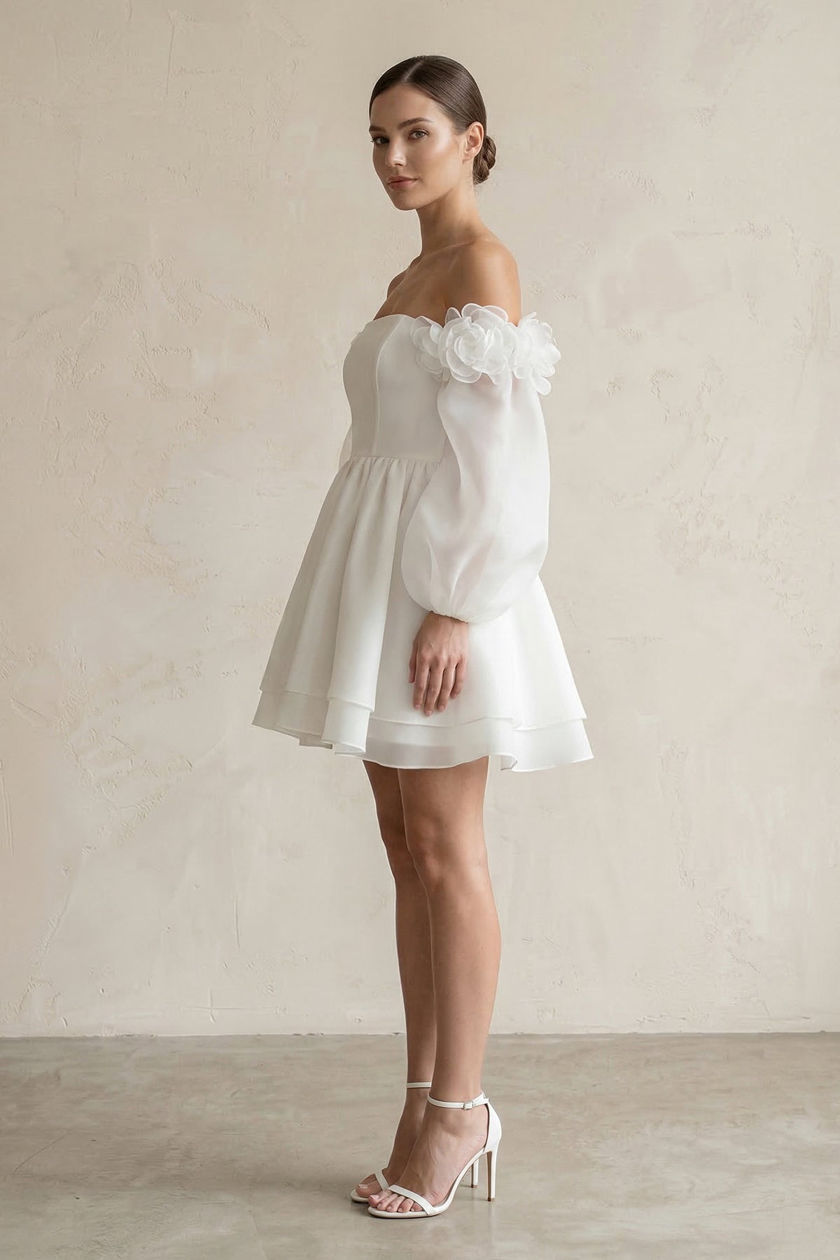 Off-the-Shoulder 3D-Flower Chiffon Long Sleeve Wedding Dress in Ivory