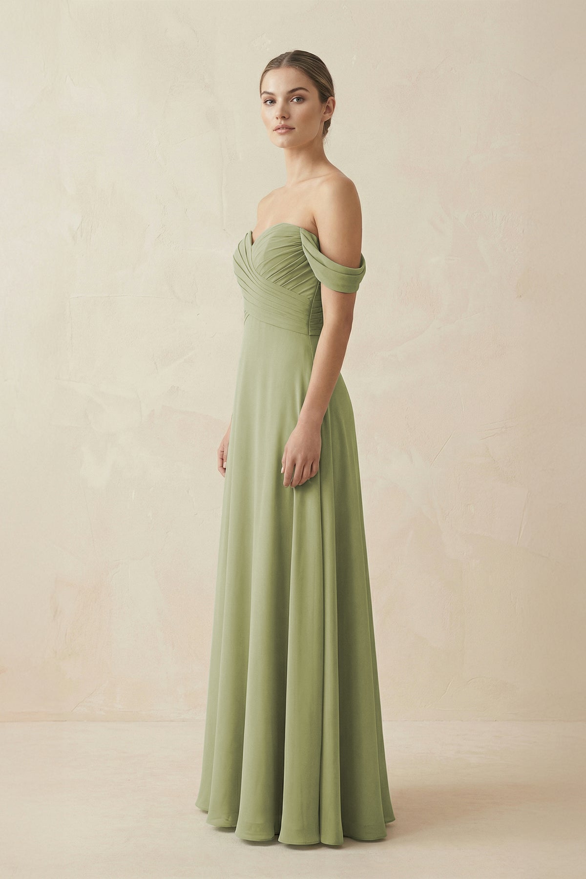 A-Line Off-the-Shoulder Chiffon Bridesmaid Dress in Moss Green