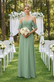 Off-the-Shoulder A-Line Chiffon Ruched Bridesmaid Dress in Sea Glass