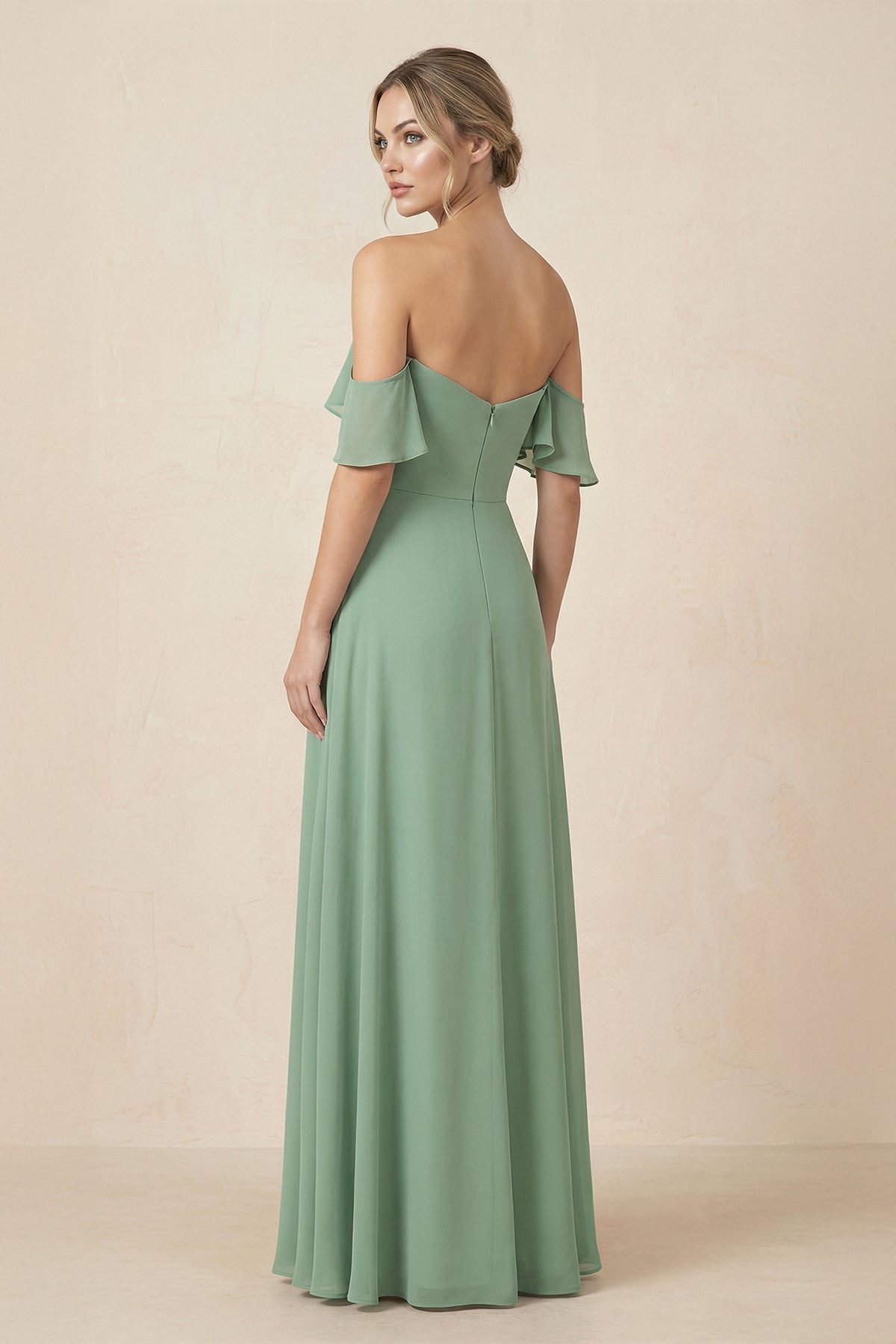 Off-the-Shoulder A-Line Chiffon Ruched Bridesmaid Dress in Sea Glass