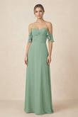 Off-the-Shoulder A-Line Chiffon Ruched Bridesmaid Dress in Sea Glass