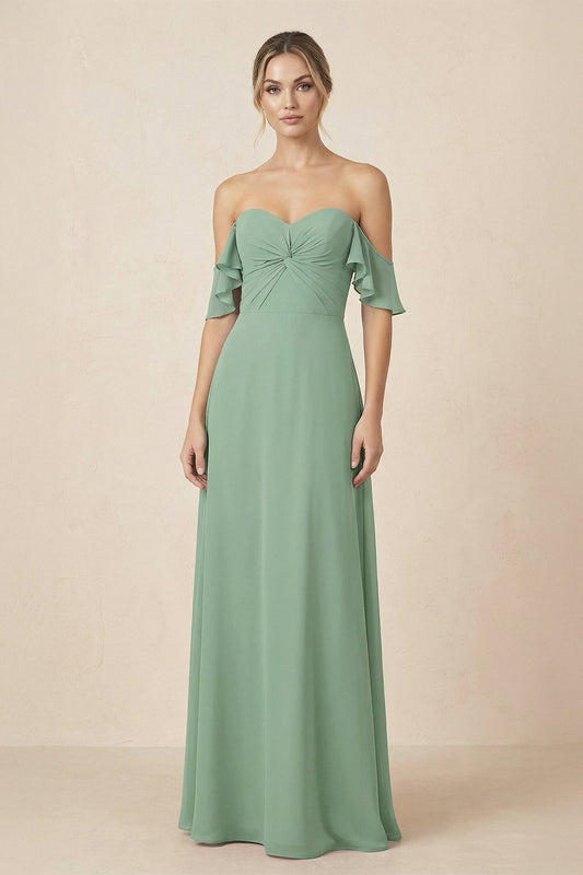 Off-the-Shoulder A-Line Chiffon Ruched Bridesmaid Dress in Sea Glass