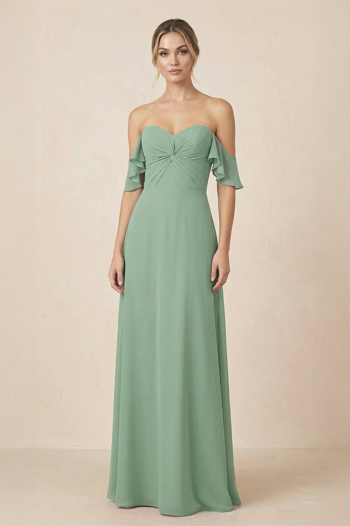 Off-the-Shoulder A-Line Chiffon Ruched Bridesmaid Dress in Sea Glass