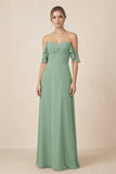Off-the-Shoulder A-Line Chiffon Ruched Bridesmaid Dress in Sea Glass