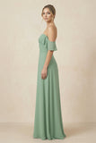 Off-the-Shoulder A-Line Chiffon Ruched Bridesmaid Dress in Sea Glass