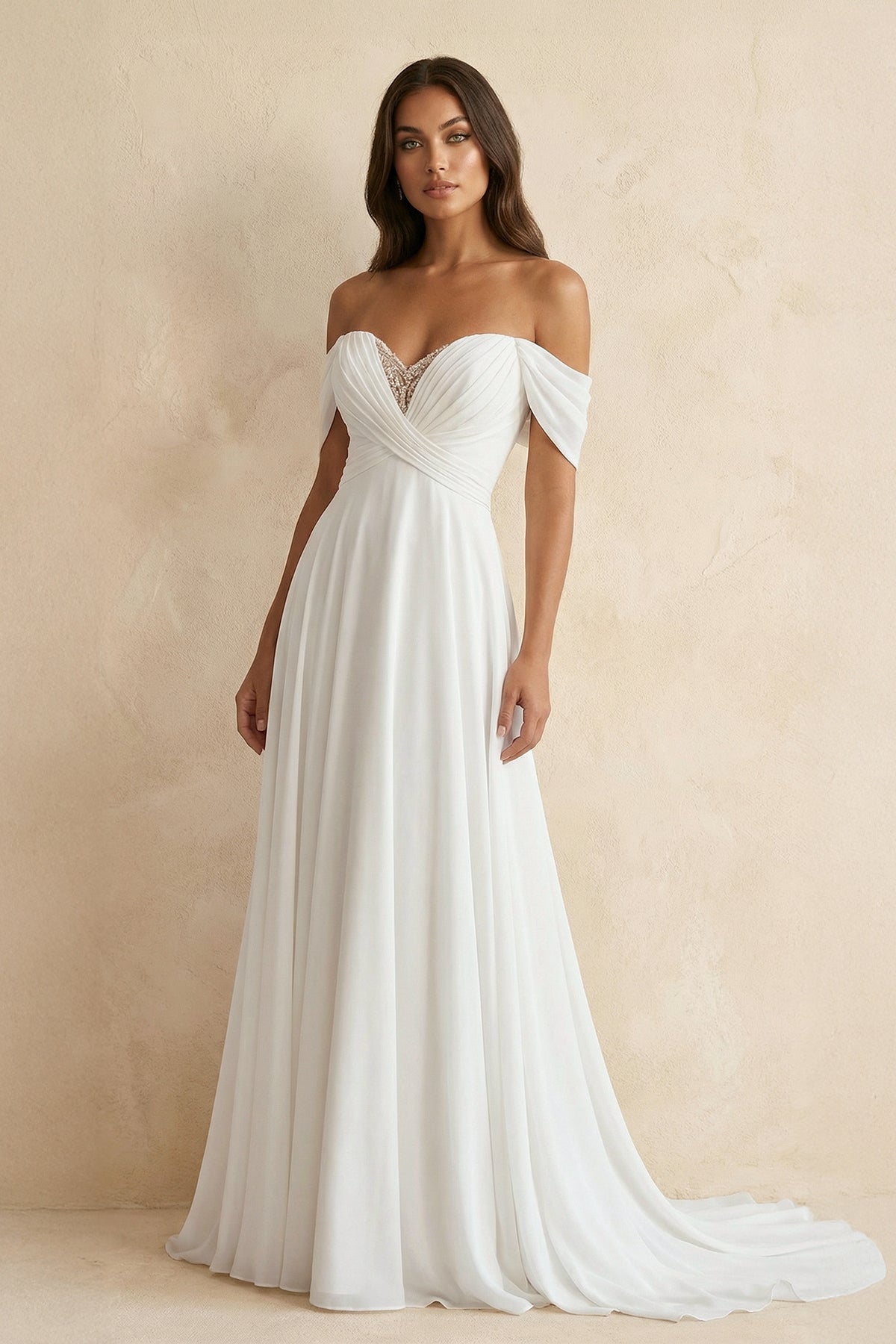 A-Line Chiffon Sleeveless Off-the-Shoulder Wedding Dress with Ruching Floor Length