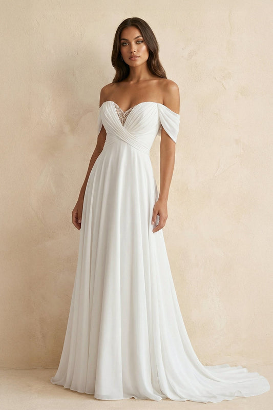 A-Line Chiffon Sleeveless Off-the-Shoulder Wedding Dress with Ruching Floor Length