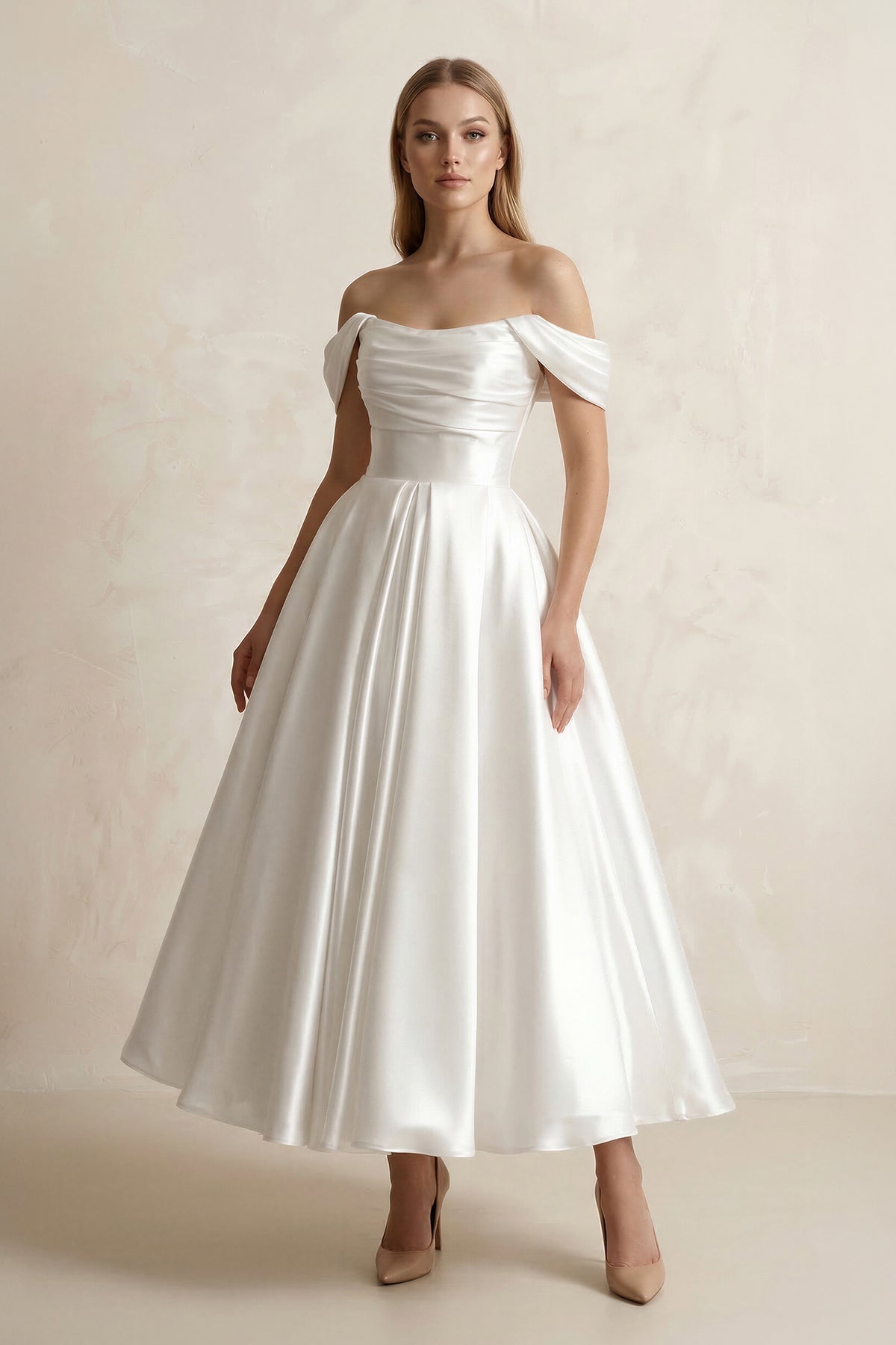 Off-the-Shoulder Ball-Gown Satin Midi Wedding Dress in White