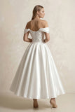 Off-the-Shoulder Ball-Gown Satin Midi Wedding Dress in White