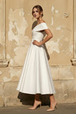 A-Line Satin Tea Length White Off the Shoulder Wedding Dress