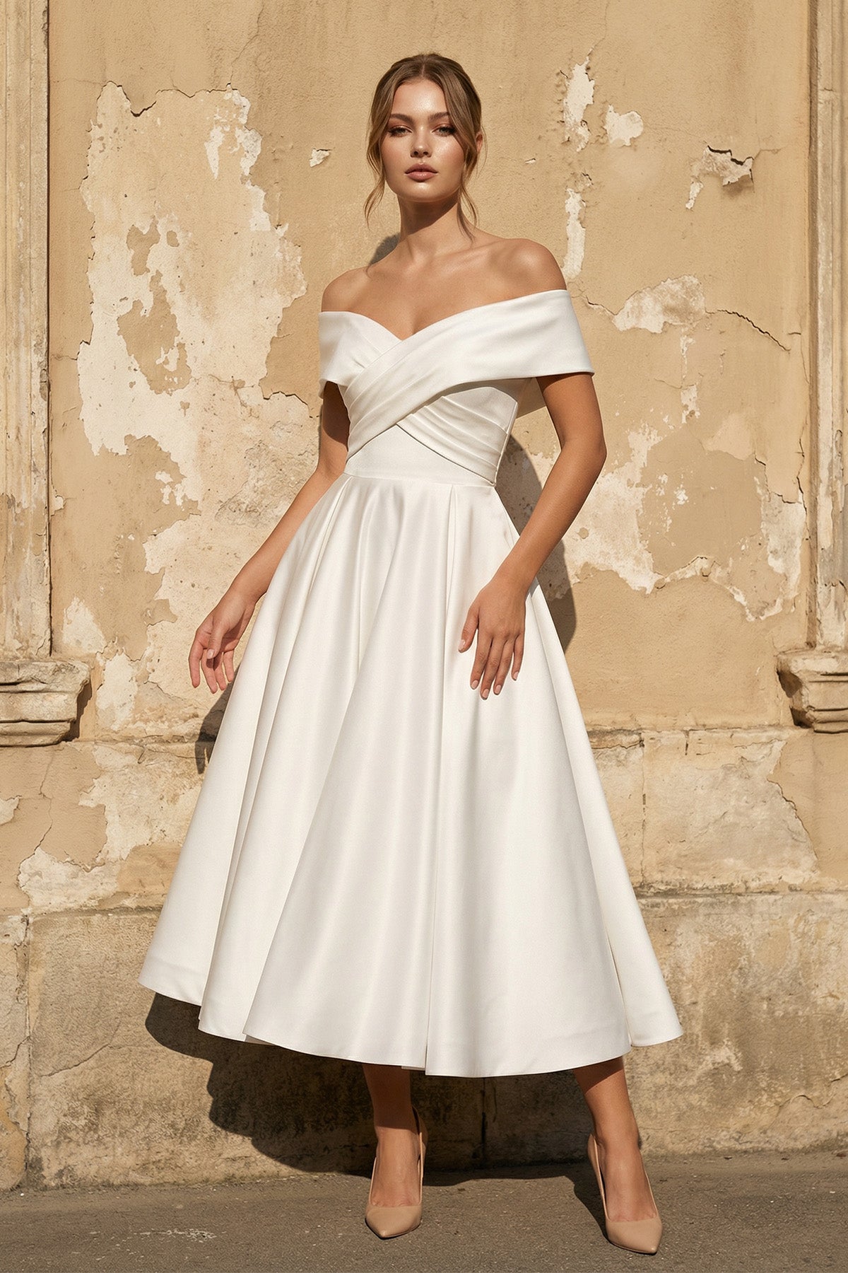 A-Line Satin Tea Length White Off the Shoulder Wedding Dress
