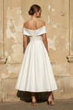 A-Line Satin Tea Length White Off the Shoulder Wedding Dress