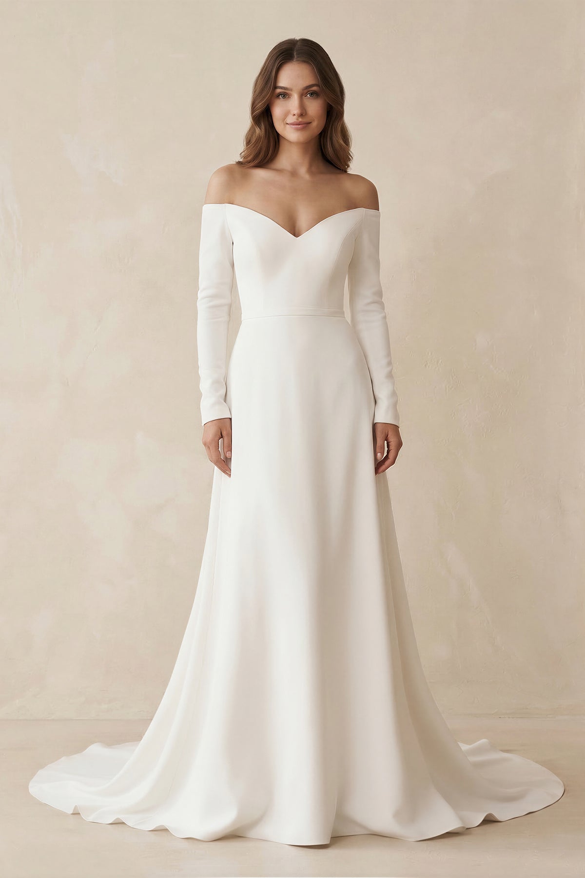 Simple A-Line Off the Shoulder Long Sleeves White Satin Wedding Dresses