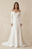 Simple A-Line Off the Shoulder Long Sleeves White Satin Wedding Dresses