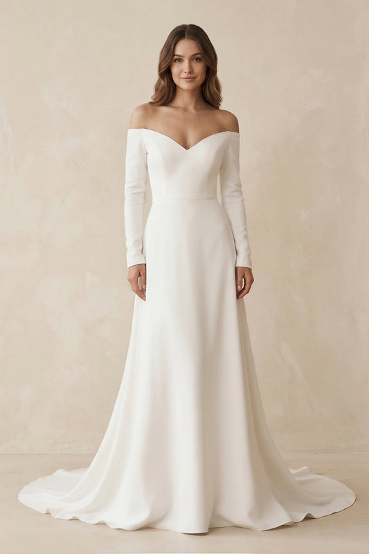 Simple A-Line Off the Shoulder Long Sleeves White Satin Wedding Dresses