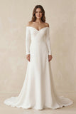 Simple A-Line Off the Shoulder Long Sleeves White Satin Wedding Dresses