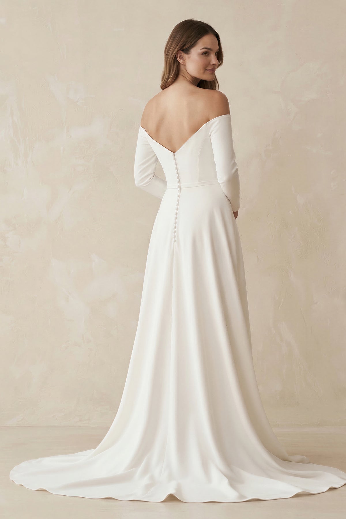 Simple A-Line Off the Shoulder Long Sleeves White Satin Wedding Dresses
