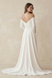 Simple A-Line Off the Shoulder Long Sleeves White Satin Wedding Dresses