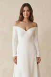 Simple A-Line Off the Shoulder Long Sleeves White Satin Wedding Dresses