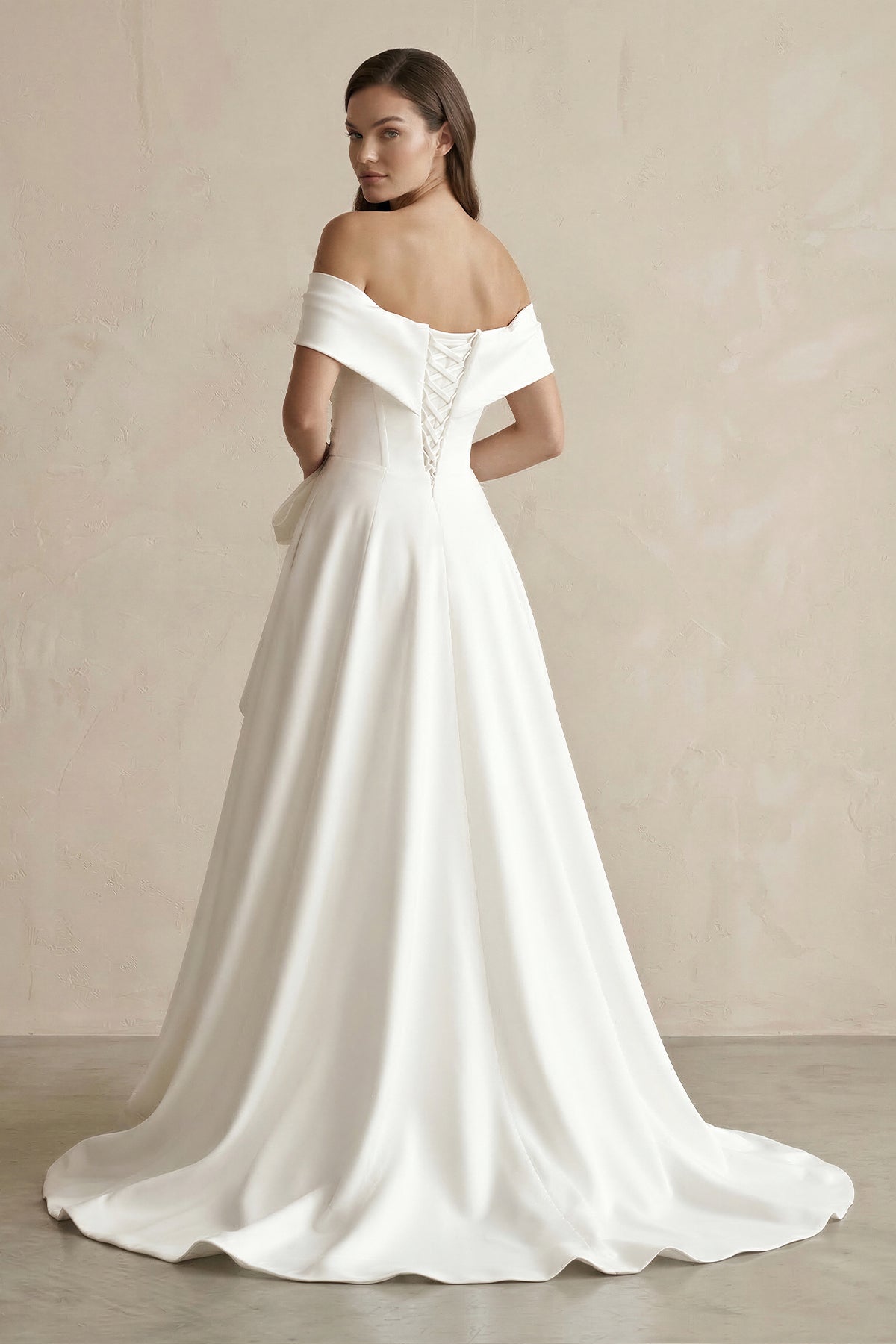 White Satin Off-the-Shoulder Bow A-Line Wedding Dress with Slit