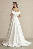 White Satin Off-the-Shoulder Bow A-Line Wedding Dress with Slit