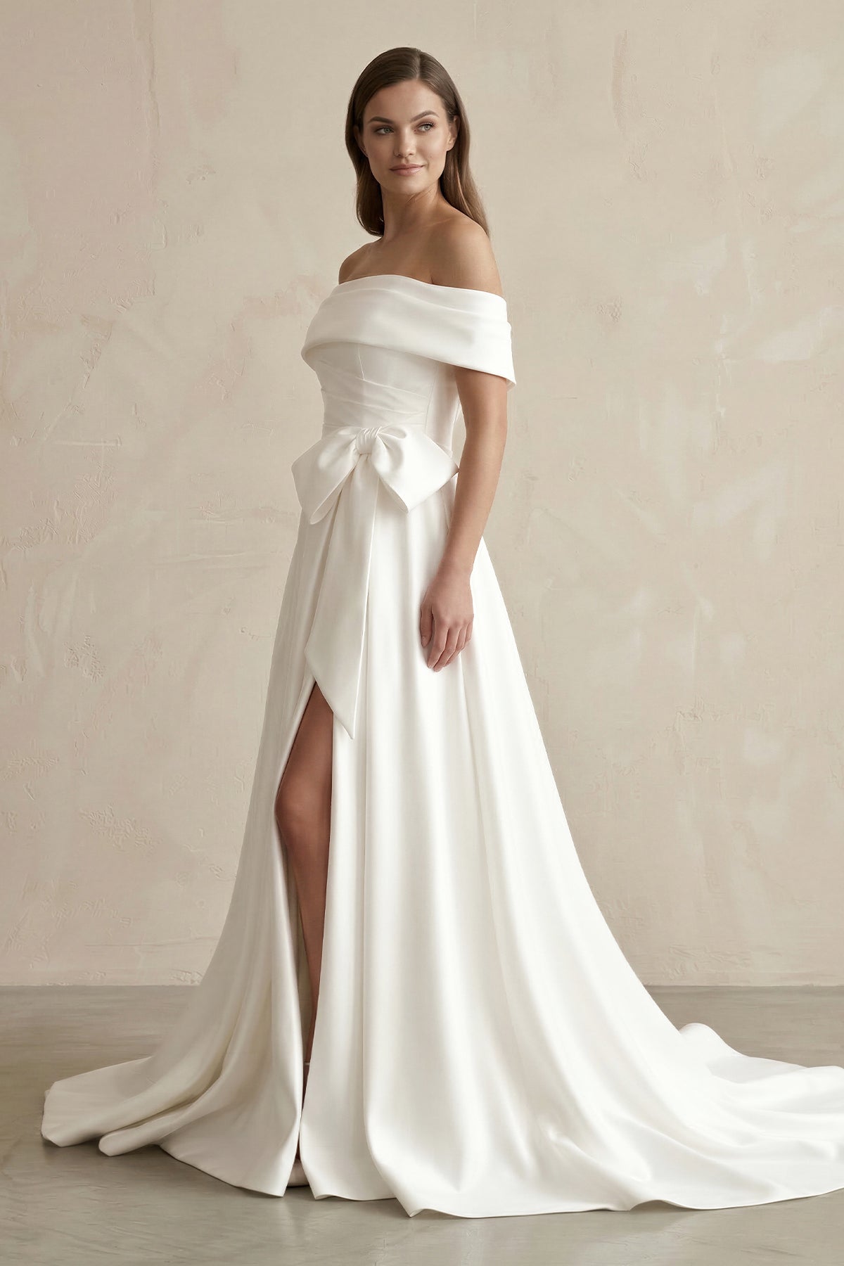 White Satin Off-the-Shoulder Bow A-Line Wedding Dress with Slit