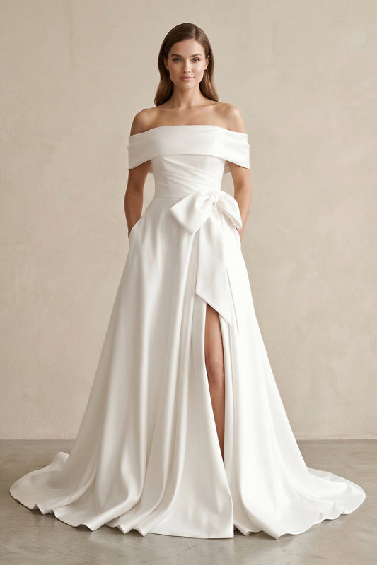 White Satin Off-the-Shoulder Bow A-Line Wedding Dress with Slit