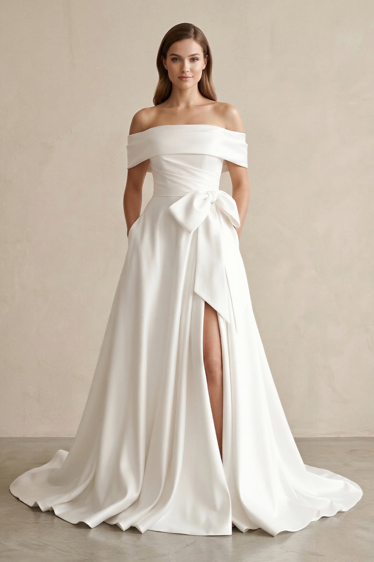 White Satin Off-the-Shoulder Bow A-Line Wedding Dress with Slit