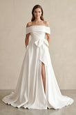 White Satin Off-the-Shoulder Bow A-Line Wedding Dress with Slit
