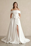 White Satin Off-the-Shoulder Bow A-Line Wedding Dress with Slit