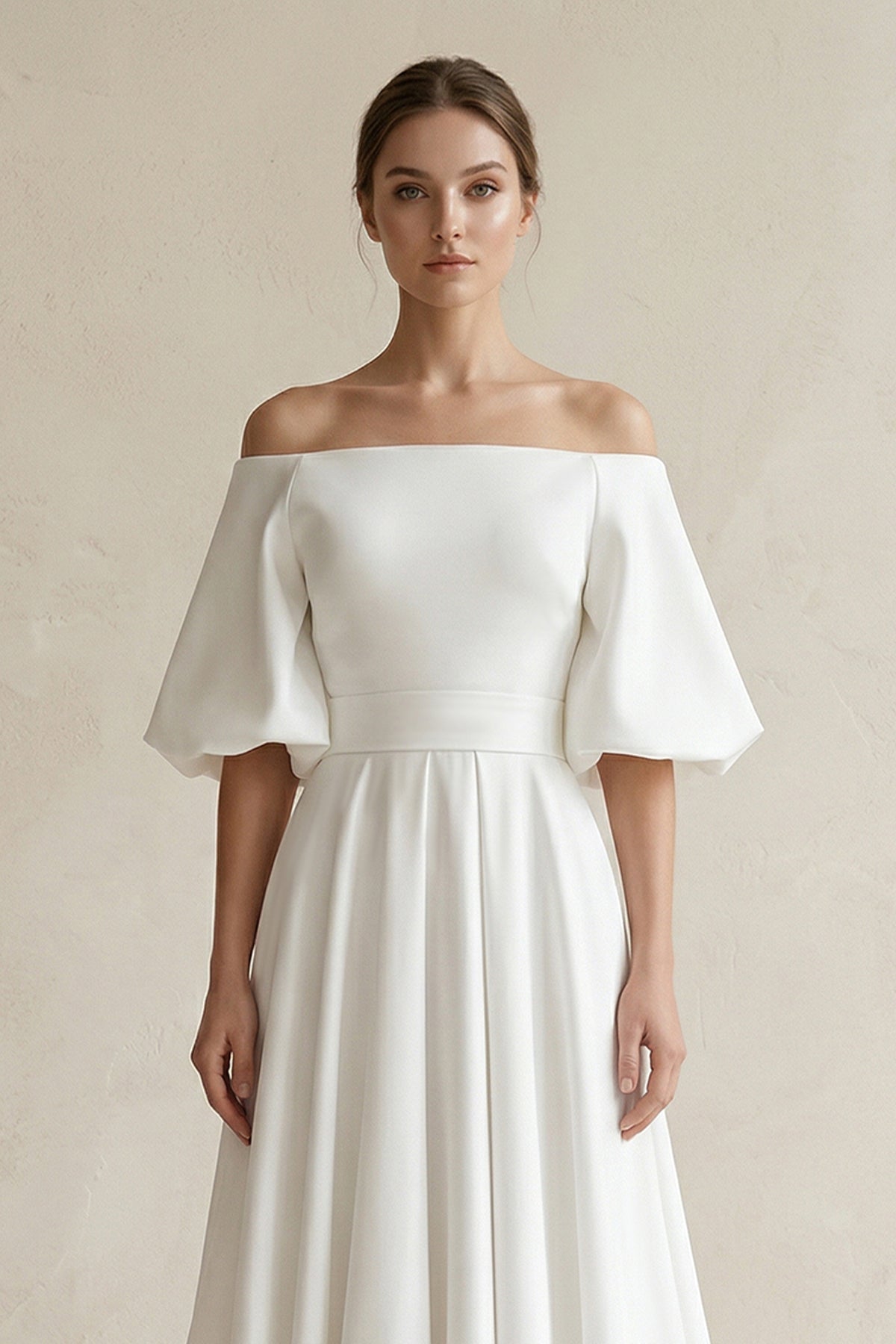Off-the-Shoulder A-Line Satin Wedding Dress With Short Sleeves in White