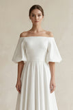 Off-the-Shoulder A-Line Satin Wedding Dress With Short Sleeves in White