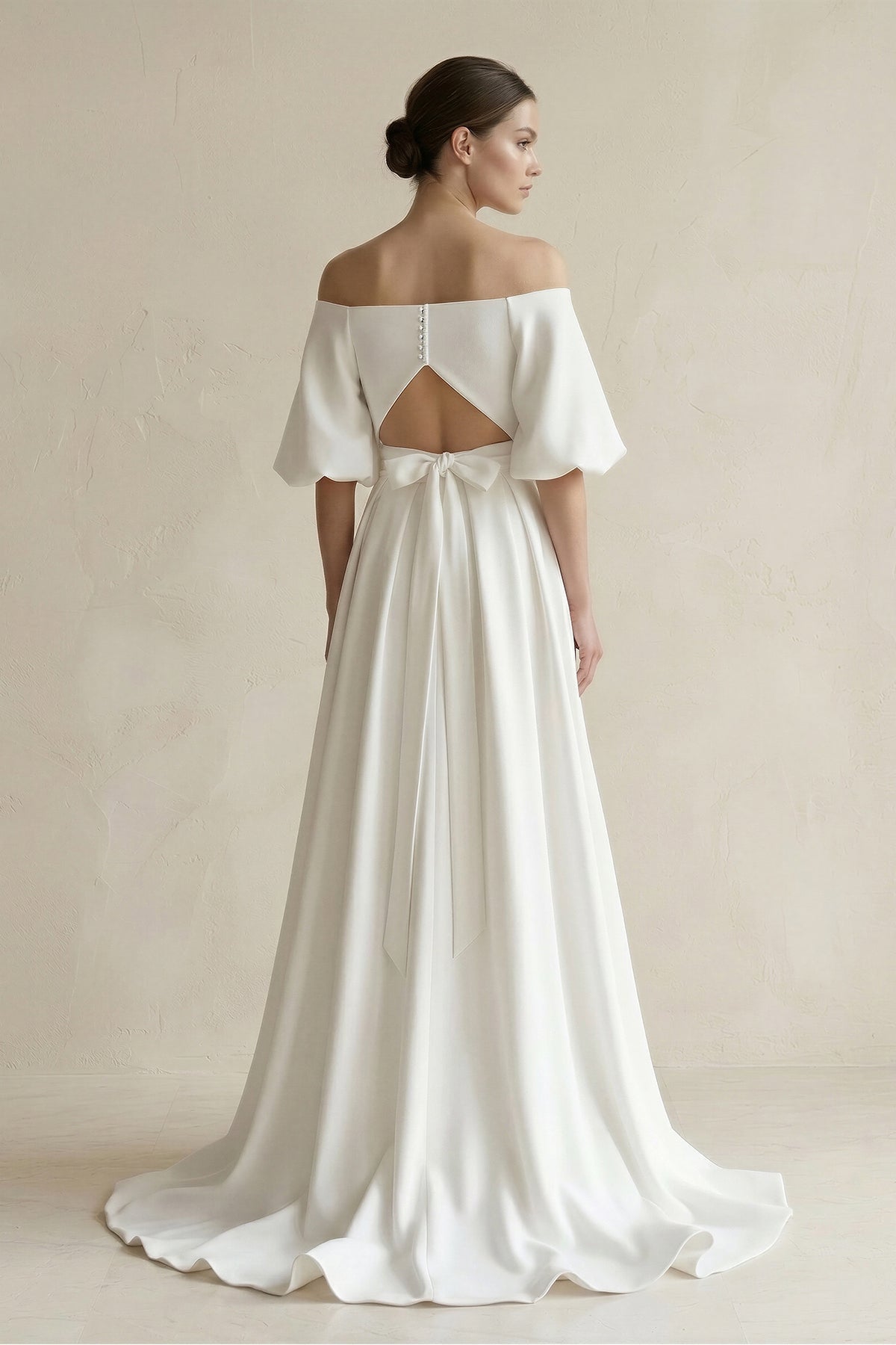 Off-the-Shoulder A-Line Satin Wedding Dress With Short Sleeves in White