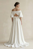 Off-the-Shoulder A-Line Satin Wedding Dress With Short Sleeves in White
