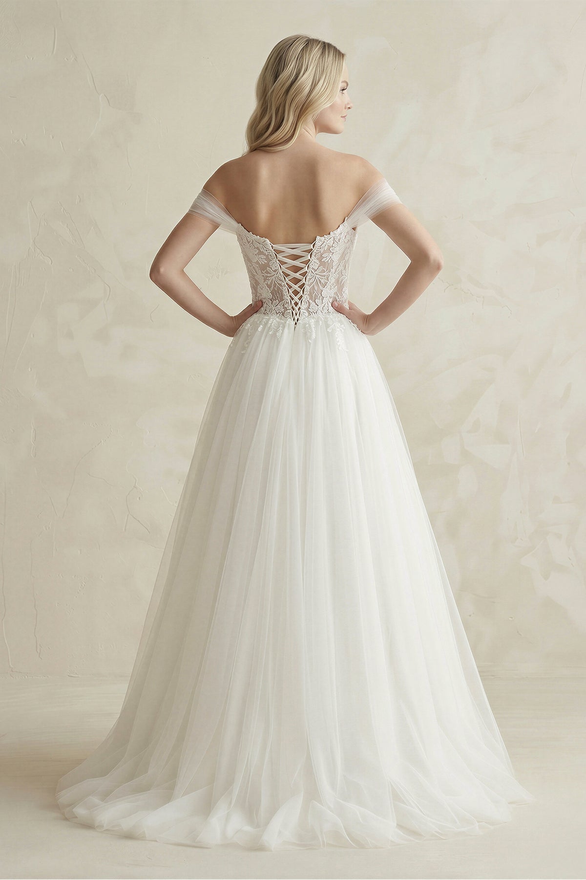 Off-the-Shoulder A-Line Tulle Appliqued Wedding Dress in White
