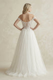 Off-the-Shoulder A-Line Tulle Appliqued Wedding Dress in White