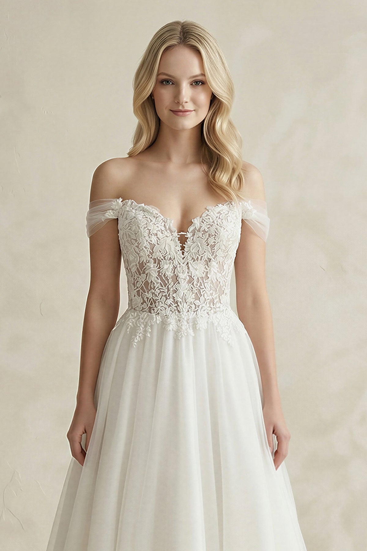 Off-the-Shoulder A-Line Tulle Appliqued Wedding Dress in White
