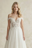 Off-the-Shoulder A-Line Tulle Appliqued Wedding Dress in White