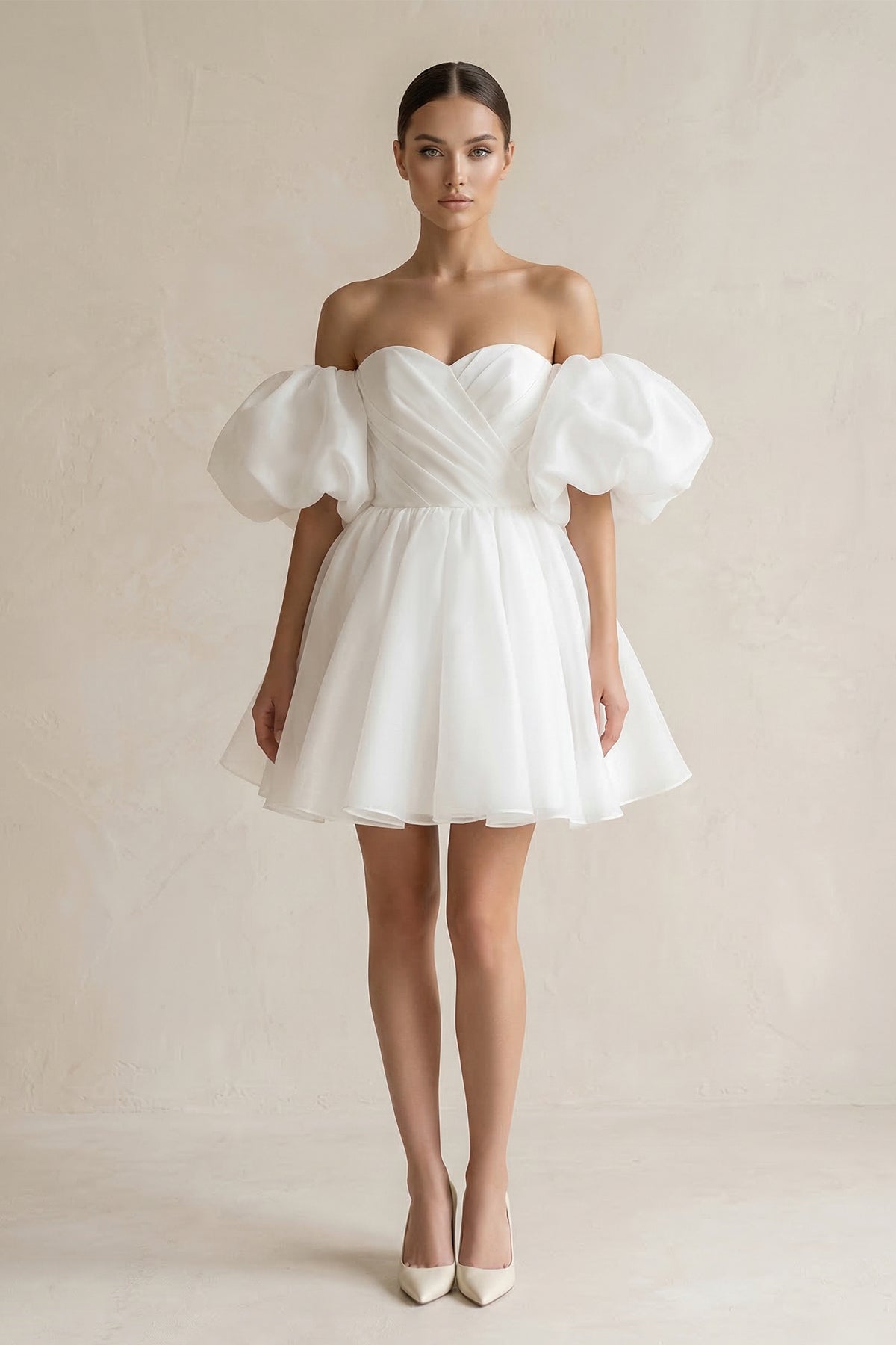 Off-the-Shoulder A-Line Tulle Mini Wedding Dress in White